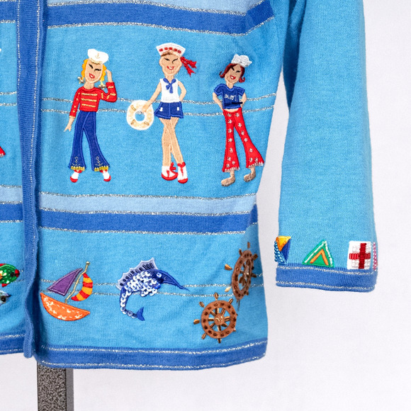 Vintage Jack B Quick Colorful Beaded Embellished Cardigan MEDIUM Nautical Sailor - Picture 2 of 8